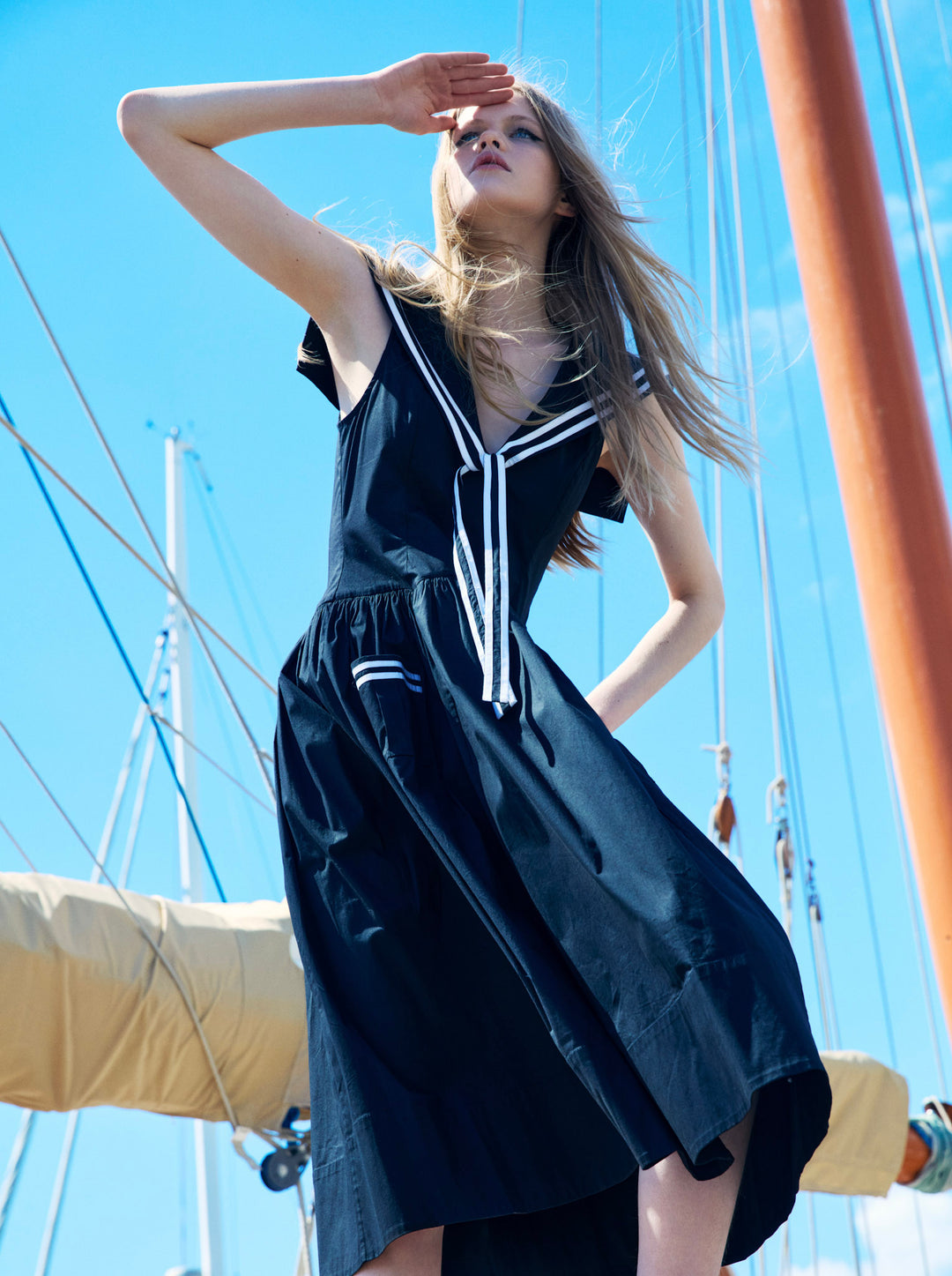 Helena Poplin Collared Midi Dress — Black - Image 4