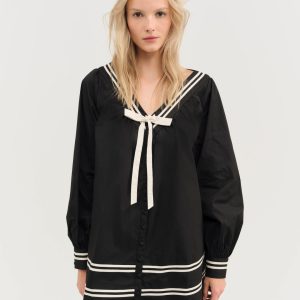 Helena Poplin Long Sleeve Mini Dress — Black