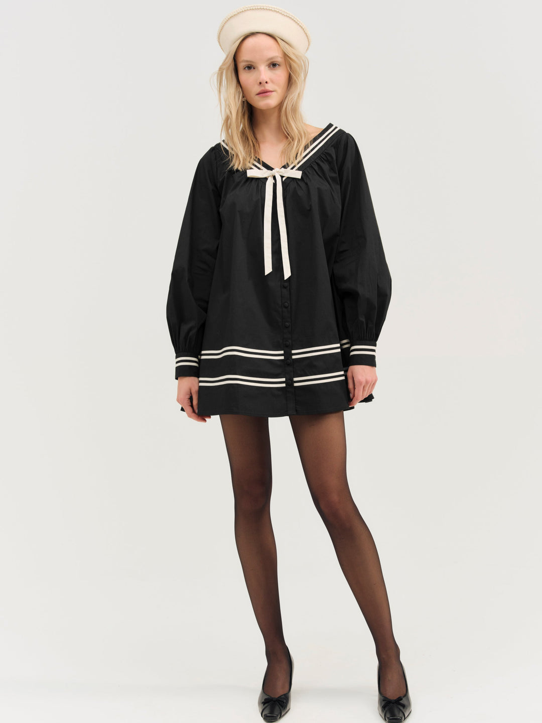 Helena Poplin Long Sleeve Mini Dress — Black - Image 3