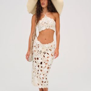 Floral Crochet Coverup Midi Skirt — White