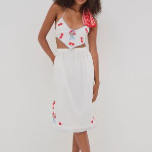 Forget Me Not Embroidery Midi Skirt — White