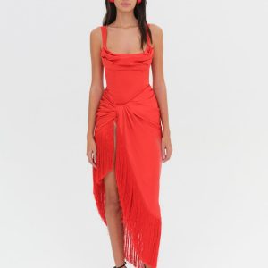 Anisa Fringe Midi Dress — Red
