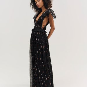 Poppy Pleated Lace Maxi Dress — Black