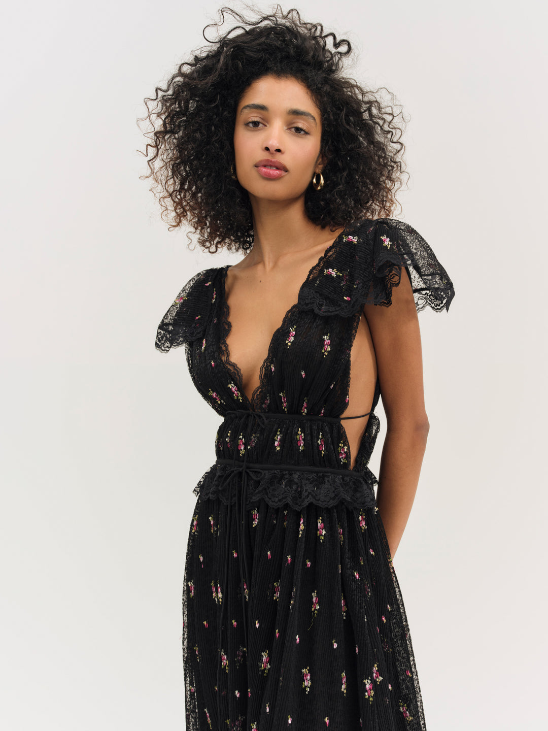 Poppy Pleated Lace Maxi Dress — Black - Image 3