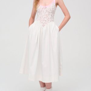 Stacked Blossom Lace Midi Dress — White