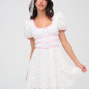 Stacked Blossom Lace Mini Dress — White