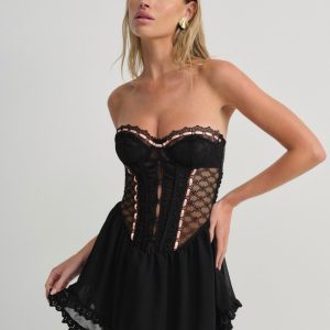 Elena Eyelet Slip Dress — Black