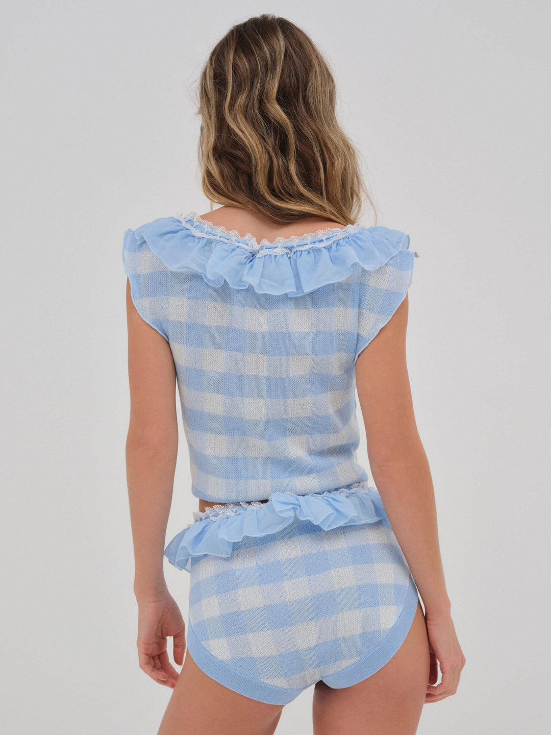 Brushed Gingham Knit Panty — Blue - Image 3