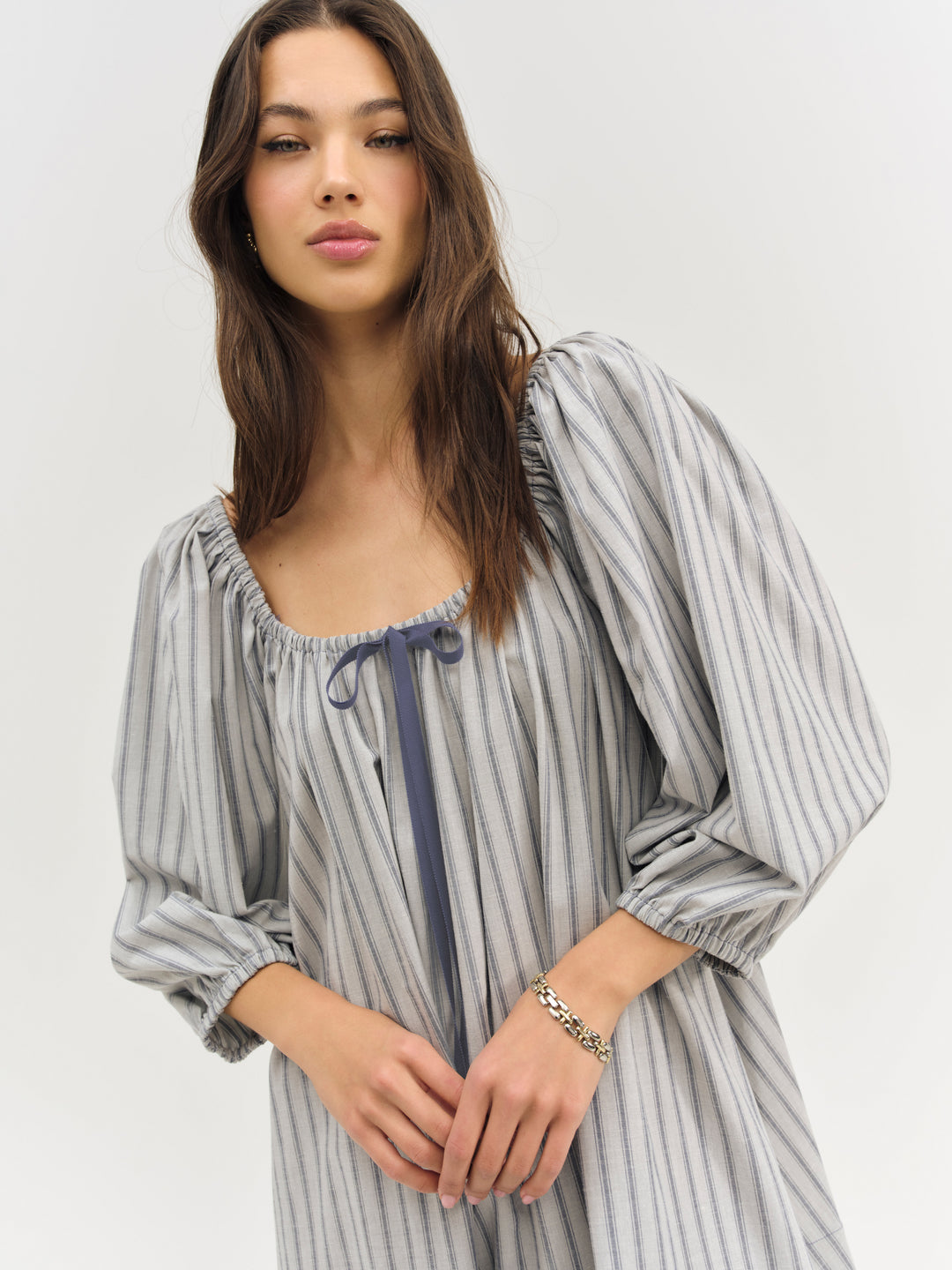 Linen Stripe Mini Dress — Blue - Image 3