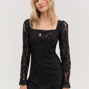 Claudia Rose Lace Long Sleeve Mini Dress — Black