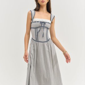 Linen Stripe Midi Dress — Blue