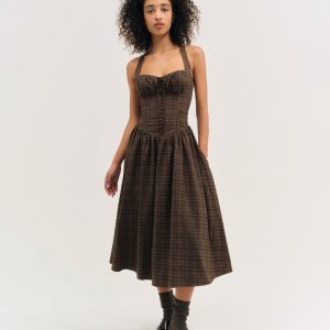 University Plaid Midi Dress — Brown