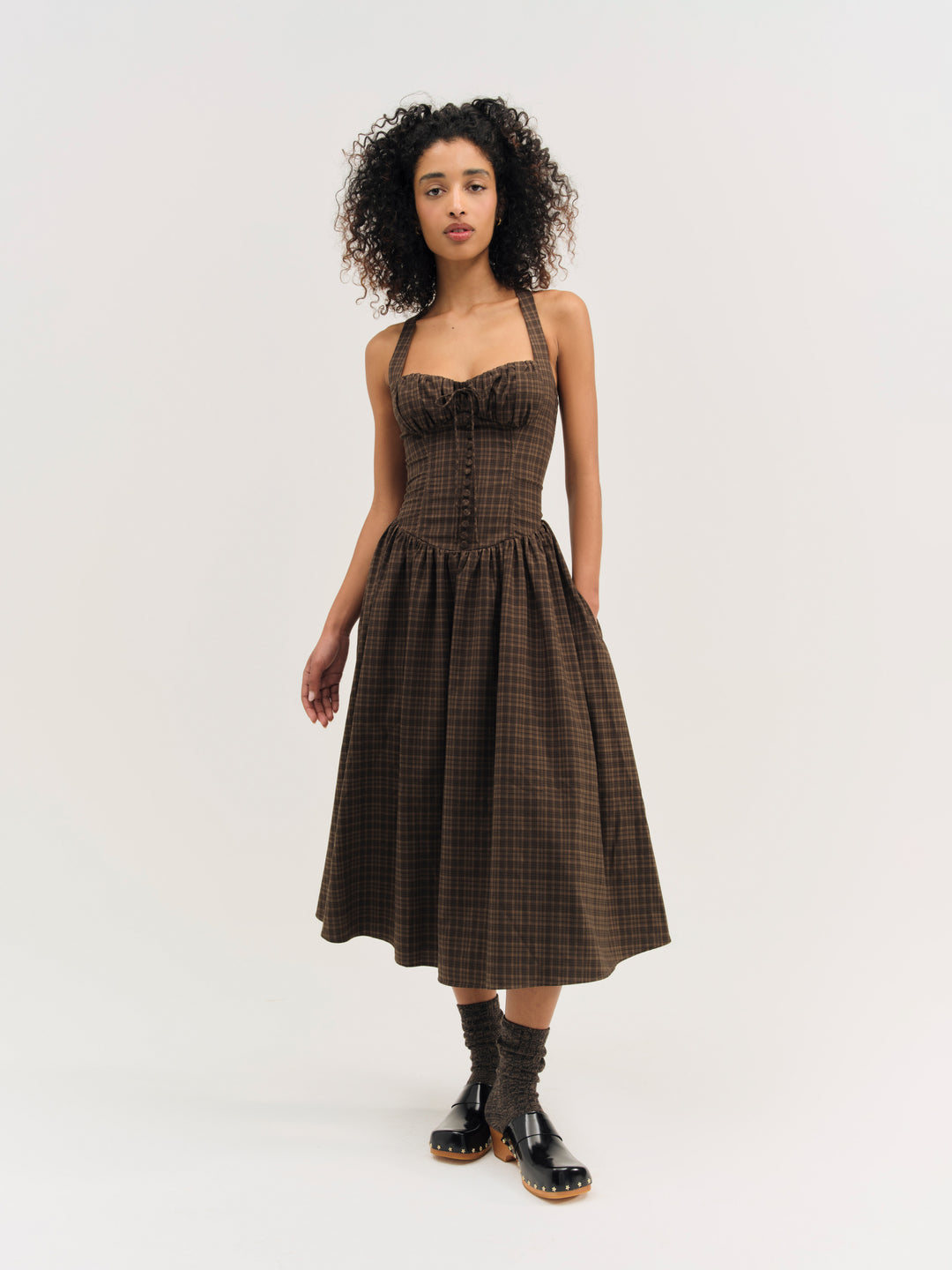 University Plaid Midi Dress — Brown