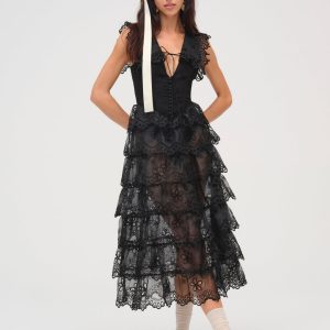 Daisy Eyelet Midi Dress — Black