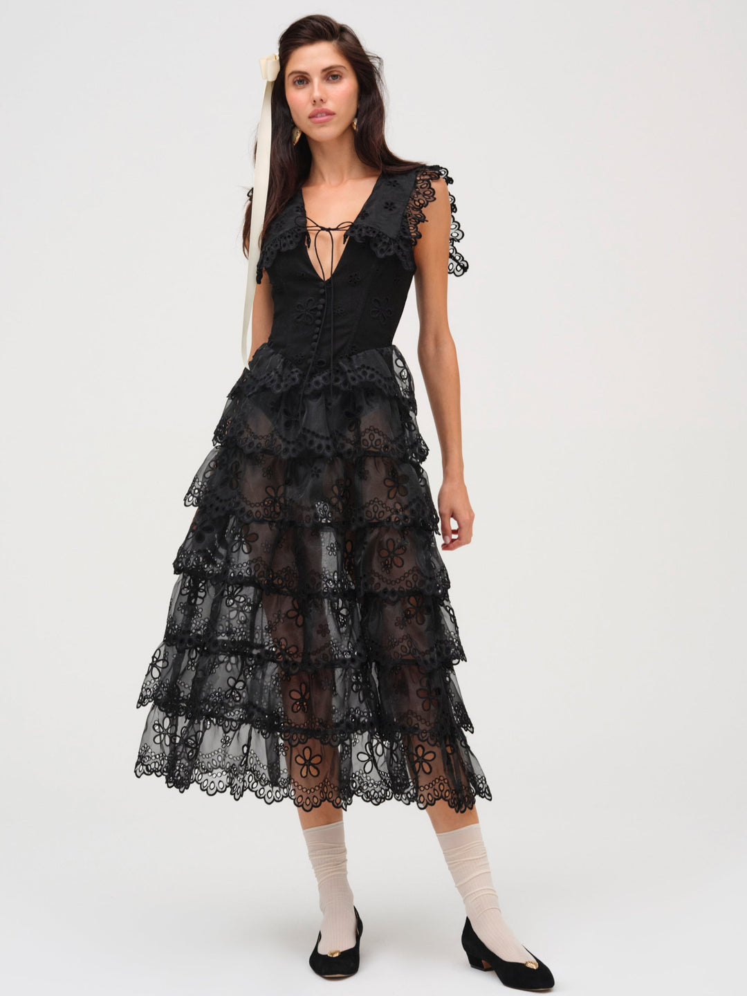 Daisy Eyelet Midi Dress — Black - Image 2