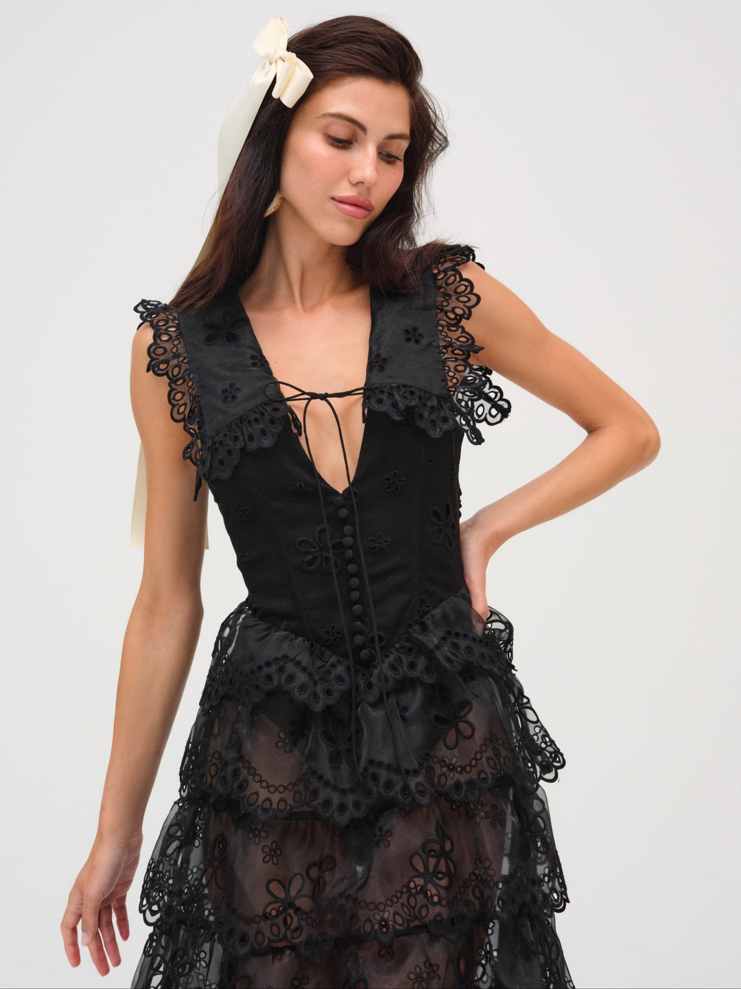Daisy Eyelet Midi Dress — Black - Image 4