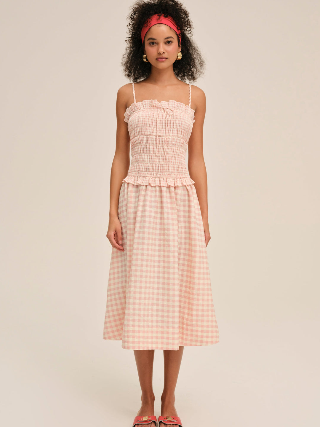 Petal Gingham Midi Dress — Peach - Image 3